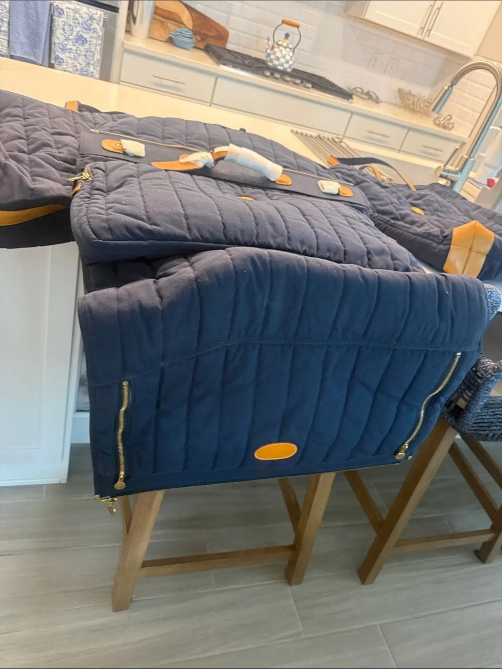 Set of 3 GHURKA luggage bags. Navy Blue Cloth and leather .1 new,2 gently used.